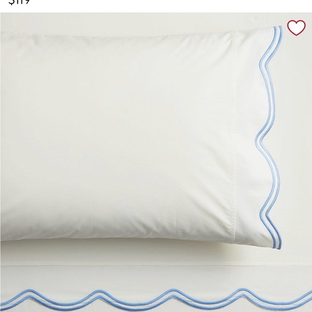 White Pillowcase with Light Blue Scalloped Trim - Bedding